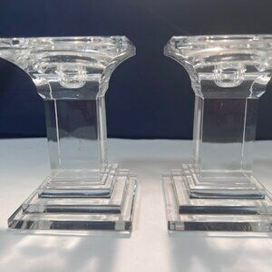 Vintage  Art Deco Pair of Heavy Short Lead Crystal Candlesticks - Clear 3.5"x5"s